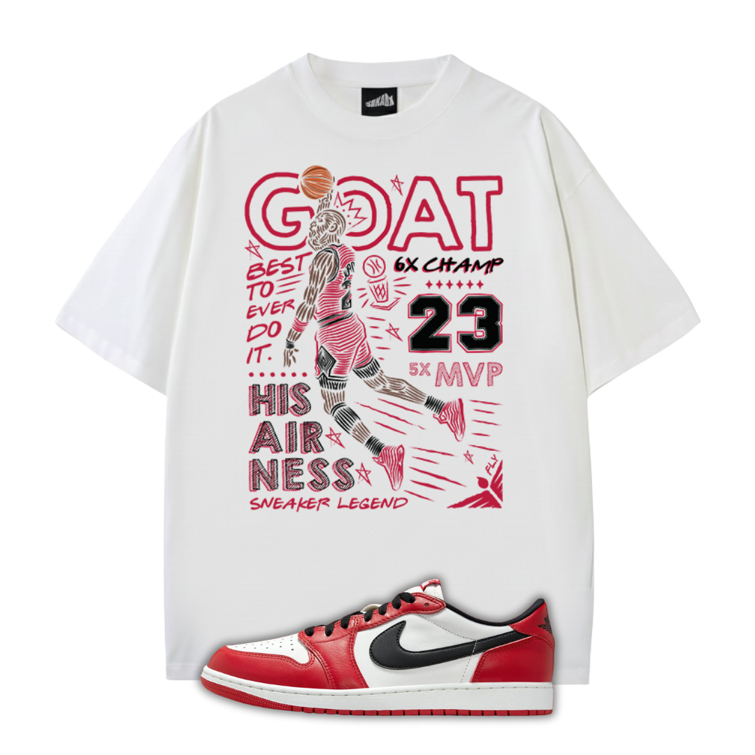 White t-shirt with red and black graphics and a Air Jordan 1 Chicago sneaker on a white background