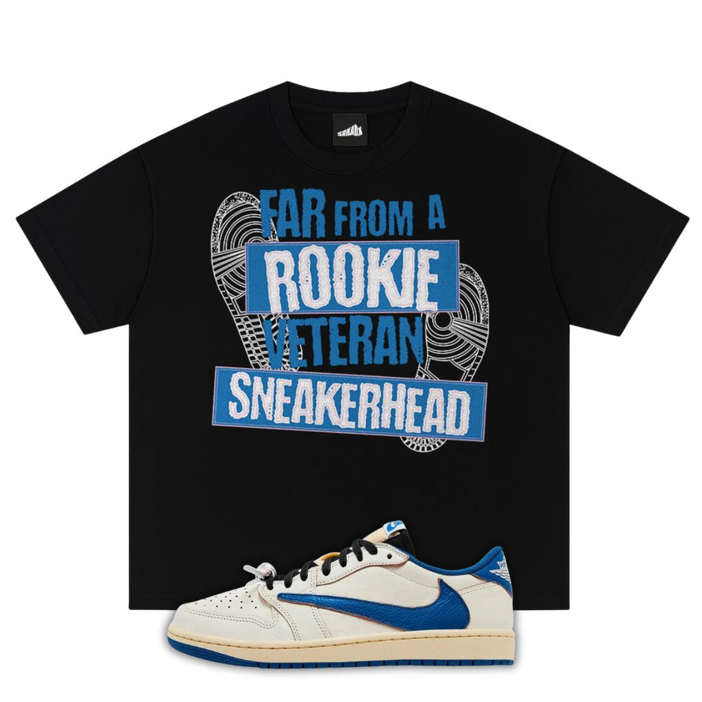 Veteran Sneakerhead Oversized Heavyweight T-Shirt Matching fragment x Travis Scott x Air Jordan 1 Low White/Blue (Black Tee)