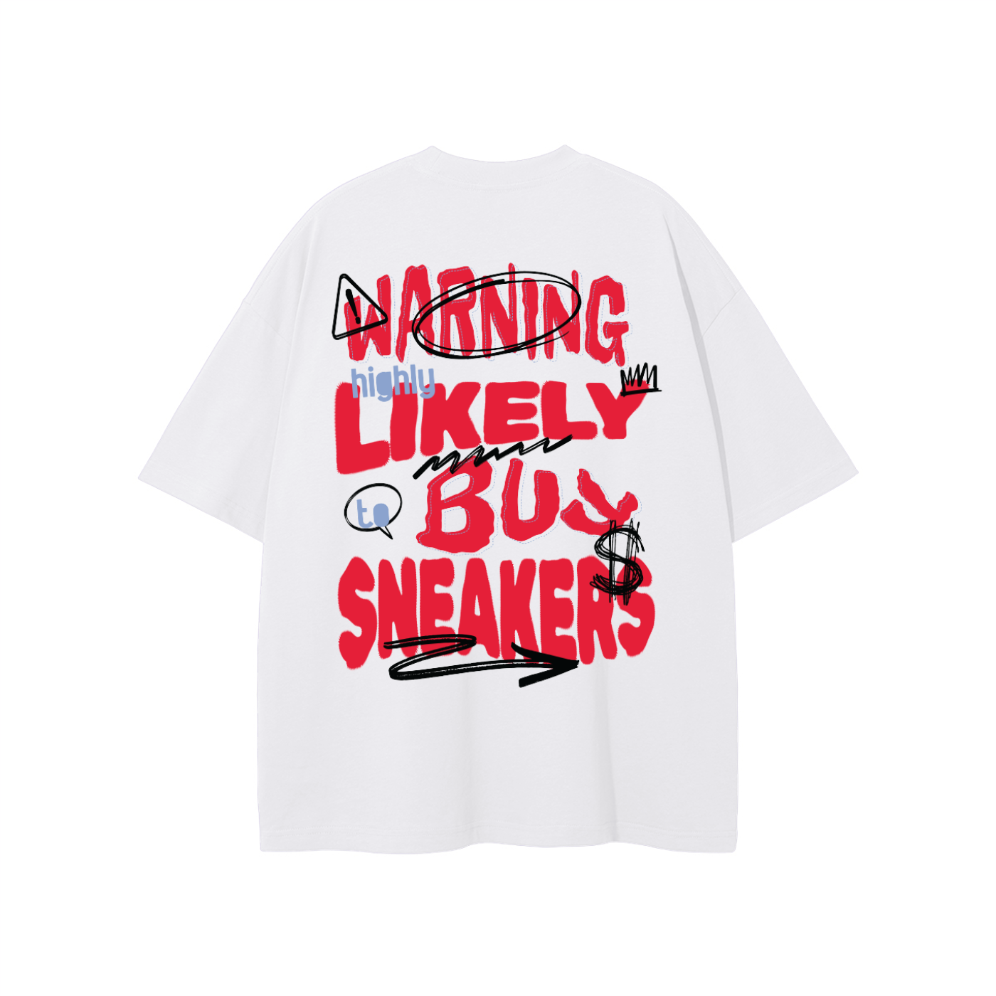 White t-shirt with colorful text design on a white background