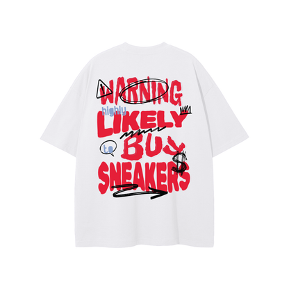White t-shirt with colorful text design on a white background