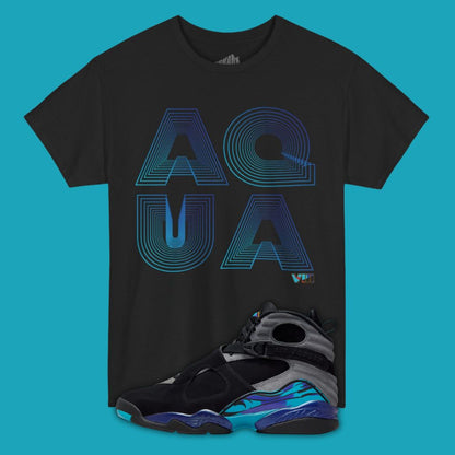 Black t-shirt with 'AQUA' design and matching sneakers on a blue background