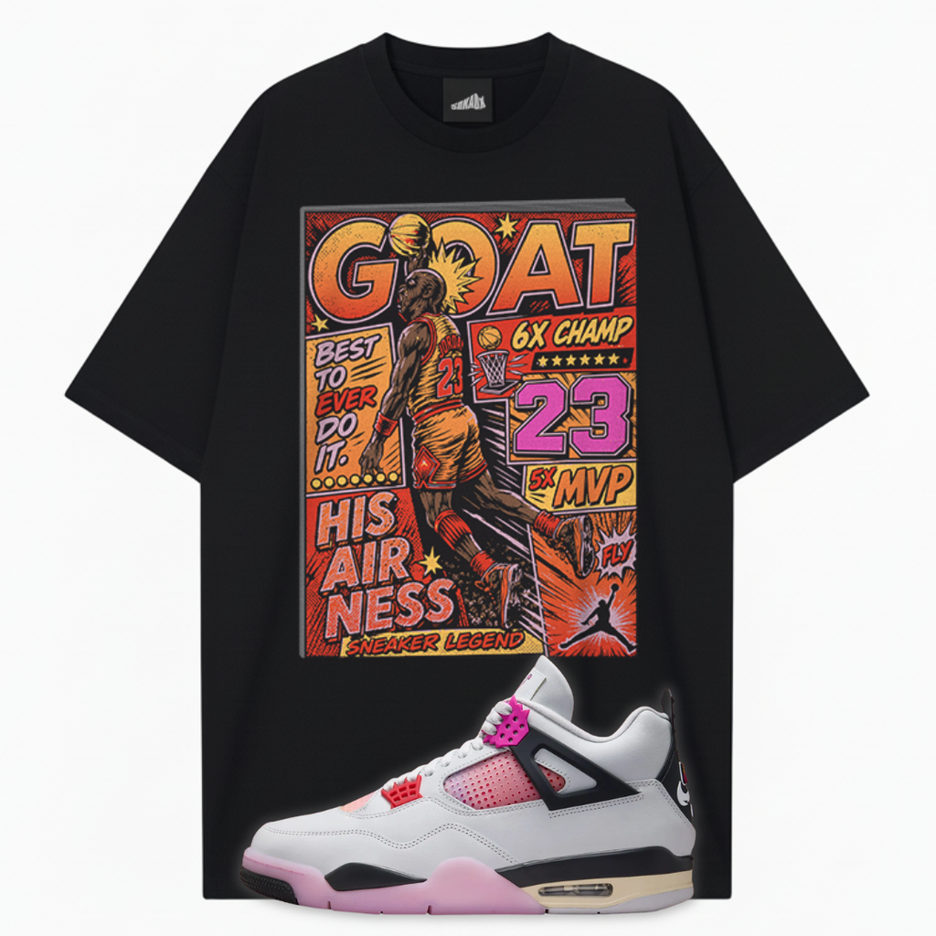 A black graphic t-shirt featuring a large vintage-style basketball poster print with the word 'GOAT' and Michael Jordan, paired with a white, pink, and black Air Jordan 4 Comic sneaker shown in front.
