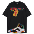 A black short-sleeve t-shirt featuring a colorful graphic print of the word 'SNEAKERHEAD' and a Air Jordan 7 Miso sneaker at the bottom, displayed on a solid white background.