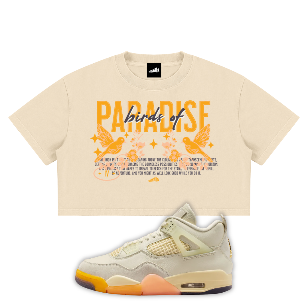 A cream-colored cropped t-shirt featuring a graphic print with the words 'Paradise of' in orange and blue, accompanied by bird illustrations, shown alongside a matching cream, orange, and yellow Air Jordan 4 Bird of Paradise sneaker on a plain white background.