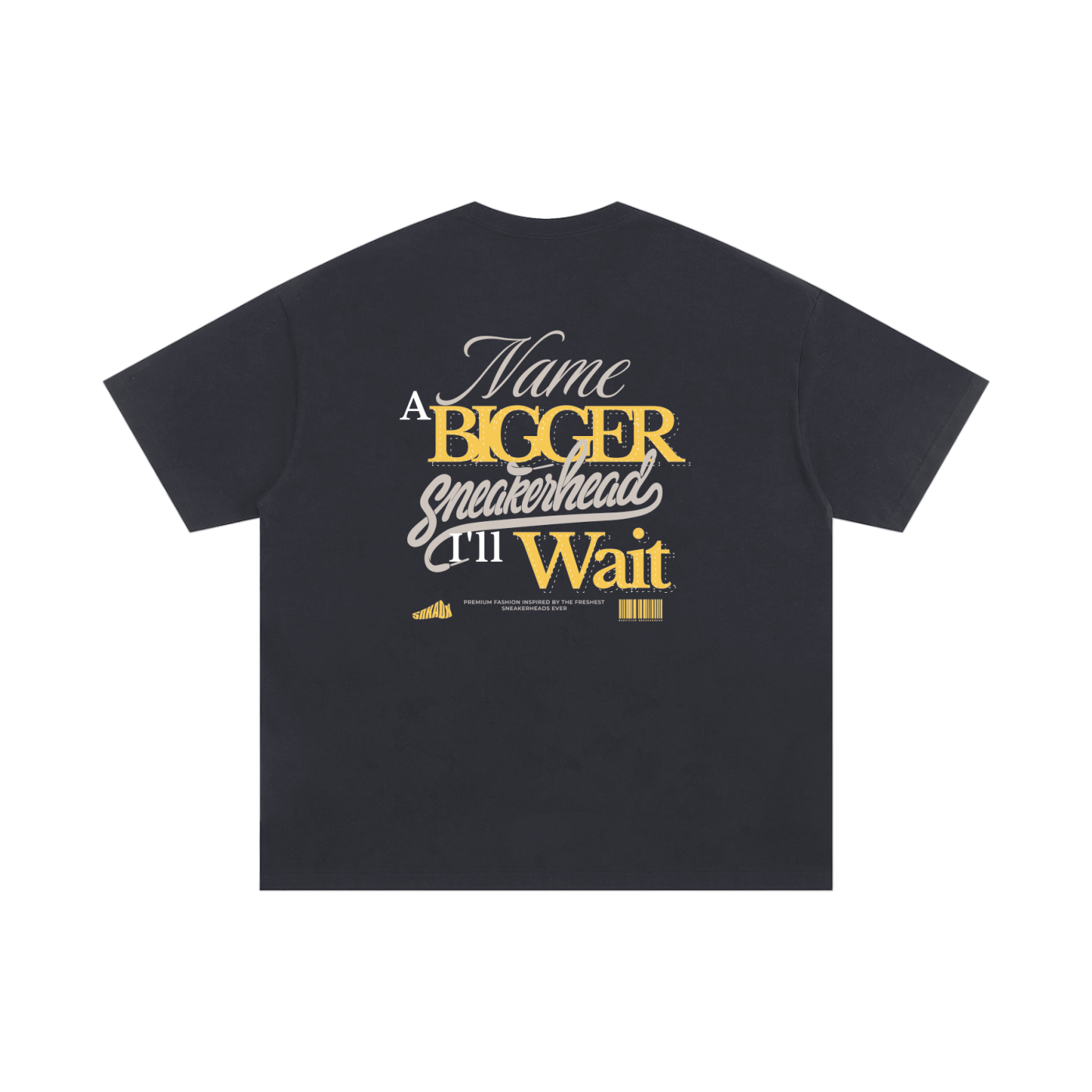 Black t-shirt with yellow text on a white background