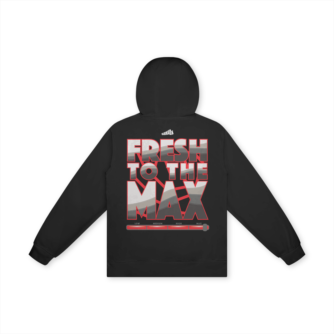 Black hoodie with 'Fresh to the Max' text on the back against a white background