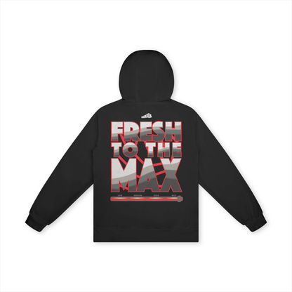 Black hoodie with 'Fresh to the Max' text on the back against a white background