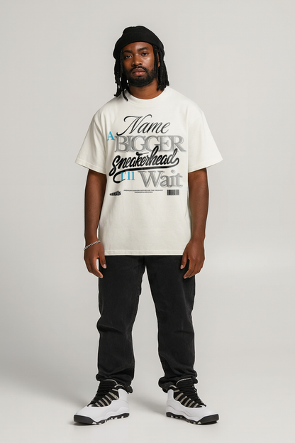 Person wearing a white t-shirt to match Air Jordan 10 Steel with text and black pants on a plain background