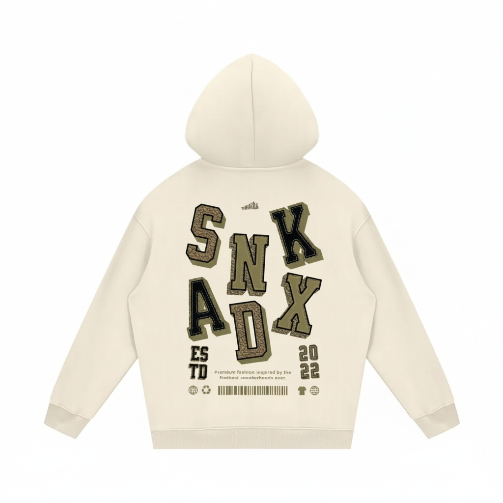 Beige hoodie with text design on the back against a white background