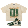 Beige jersey t-shirt with 'Sneaker Queen' text and a Air Jordan 1 High OG Fir Pro Green sneaker on a white background