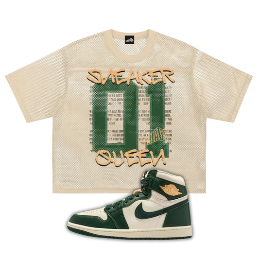 Beige jersey t-shirt with 'Sneaker Queen' text and a Air Jordan 1 High OG Fir Pro Green sneaker on a white background