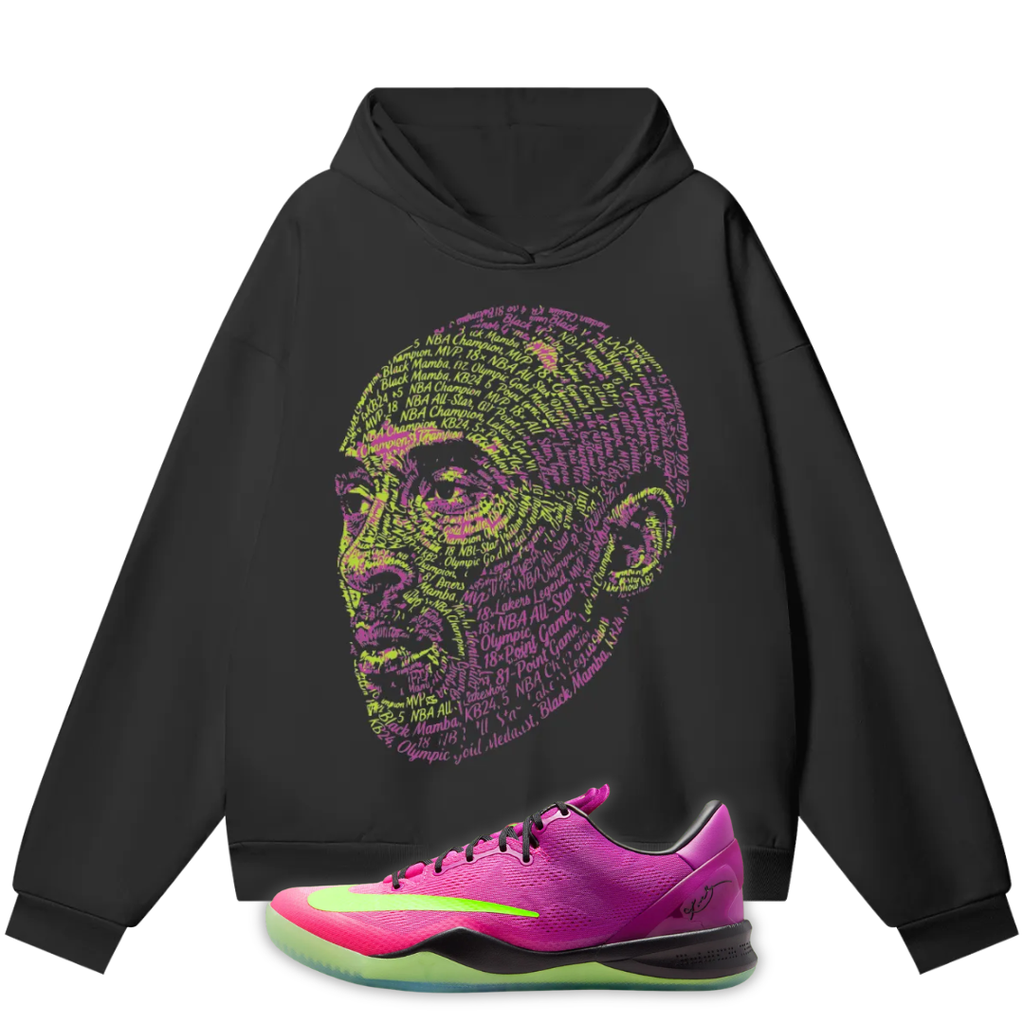 Black Hoodie with the face of Kobe Bryant with Nike Kobe 8 Protro Mambacurial on the front