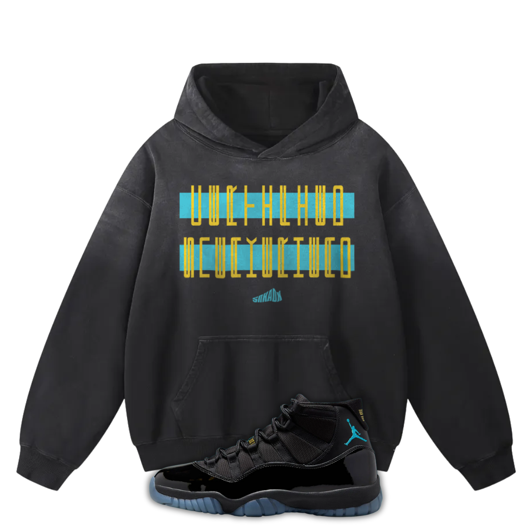 Black Sunfade Oversized Hoodie with Certified Sneakerhead Matching Jordan 11 Gamma Blue