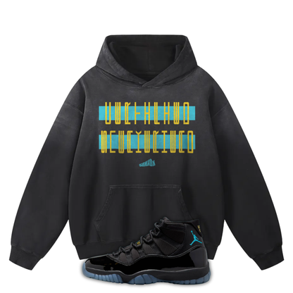 Black Sunfade Oversized Hoodie with Certified Sneakerhead Matching Jordan 11 Gamma Blue
