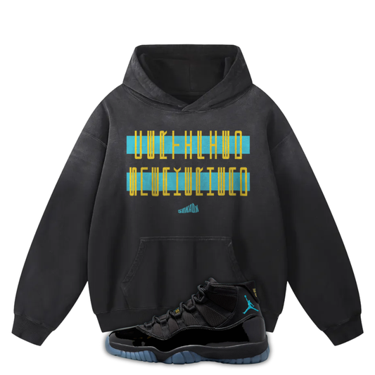 Black Sunfade Oversized Hoodie with Certified Sneakerhead Matching Jordan 11 Gamma Blue