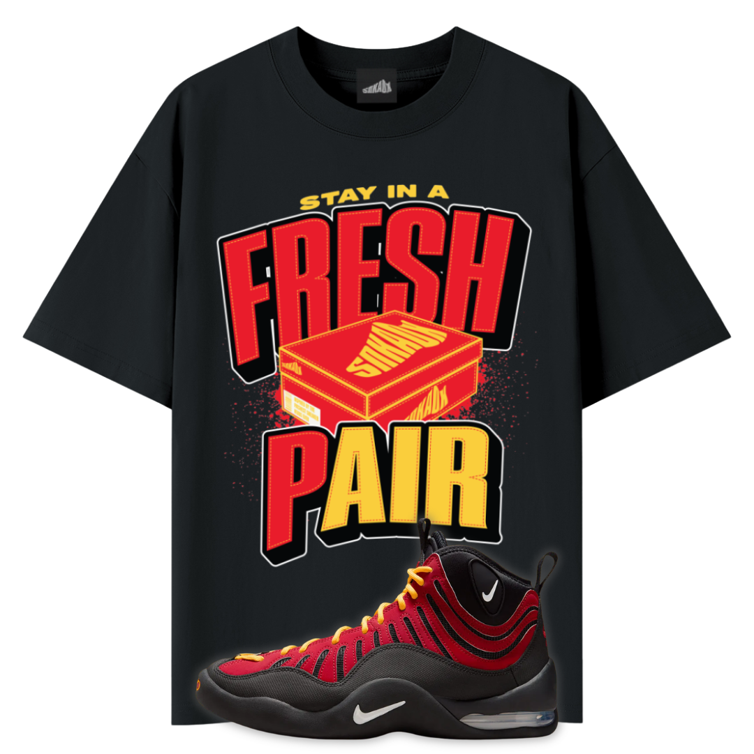 Black Tee with Fresh Pair on the front with Nike Air Bakin sneaker
