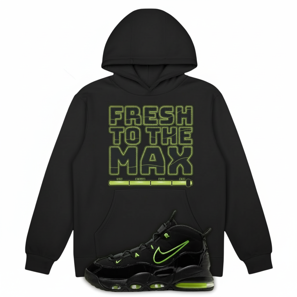 Black hoodie with 'Fresh to the Max' text and Air Max Uptempo 95 Black Volt 2025 sneakers with green accents on a bright green background