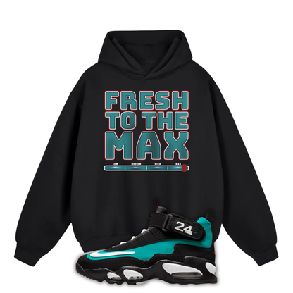 Black hoodie with 'Fresh to the Max' text and a Nike Air Griffey Max 1 Freshwater sneaker on a white background