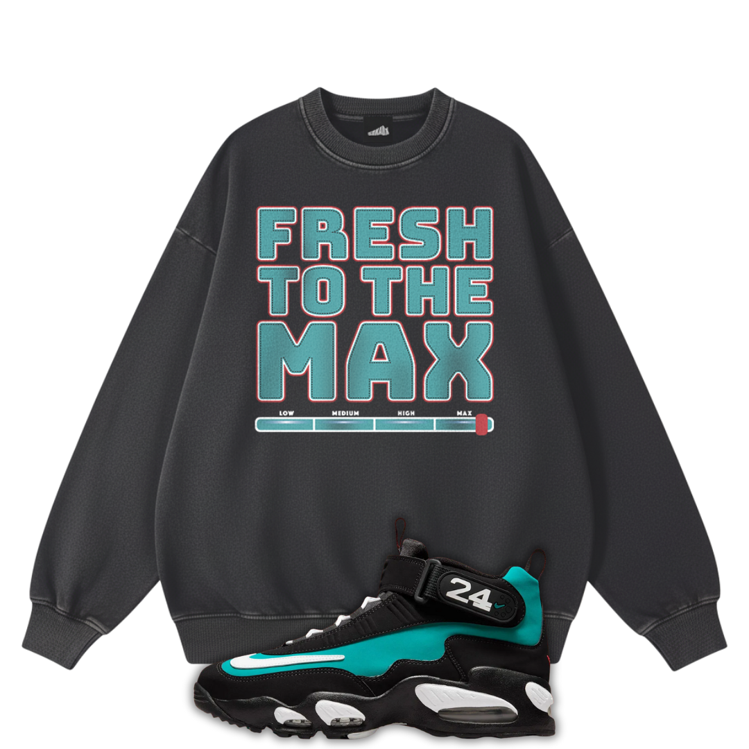 Black sweatshirt with 'Fresh to the Max' text and a black Air Max Griffey 1 Freshwater with teal accents on a white background