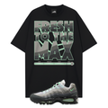 Black t-shirt with 'Fresh to the Max' graphic and a Nike Air Max 95 Fresh Mint sneaker on a white background