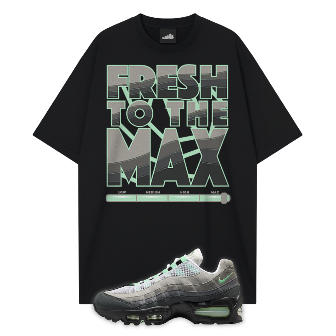 Black t-shirt with 'Fresh to the Max' graphic and a Nike Air Max 95 Fresh Mint sneaker on a white background