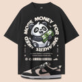 Black t-shirt with a panda graphic and text on a beige background matches nike dunk low panda white black
