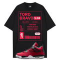 Black t-shirt with red and white sneaker graphic and 'Toro Bravo' text on a white background