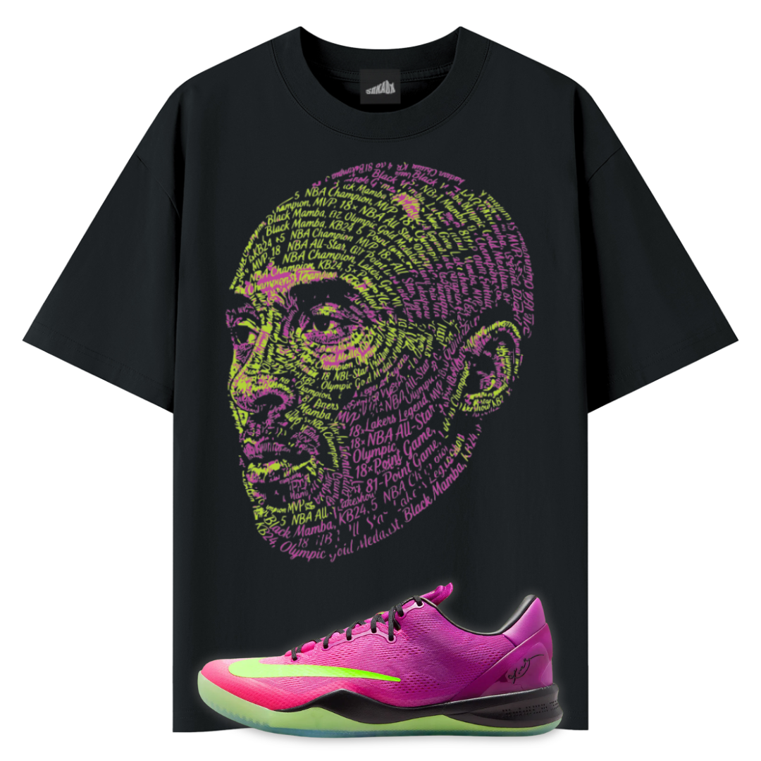 Black tee with the face of Kobe Bryant with Nike Kobe 8 Protro Mambacurial on the front