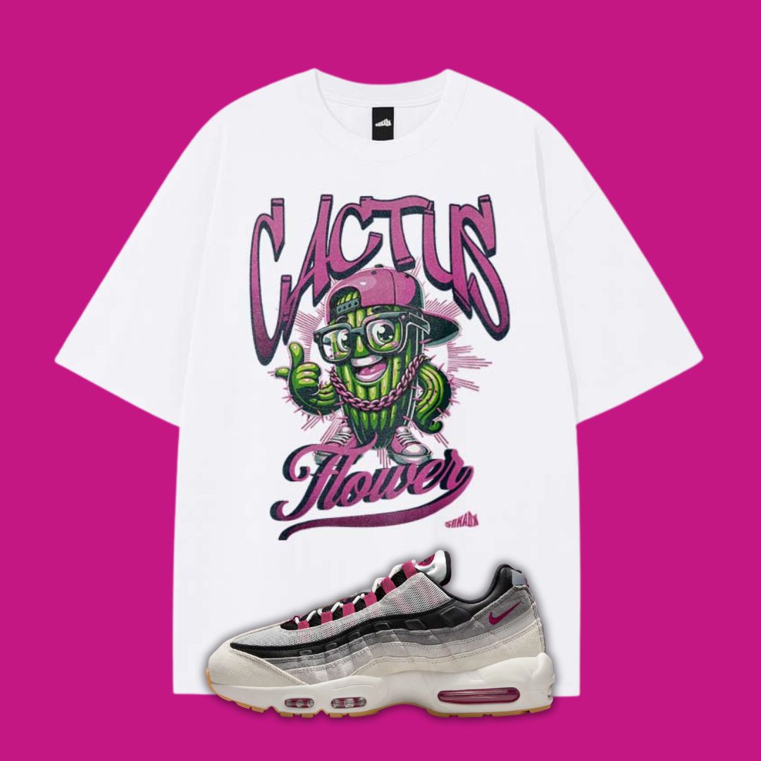 White t-shirt with 'Cactus Flower' graphic and a Air Max 95 Cactus Flower on a pink background