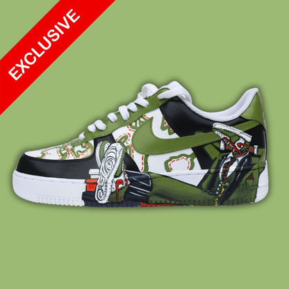 Customized Nike Air Force 1 in Oil Green colorway featuring 'Sneakerhead' design.