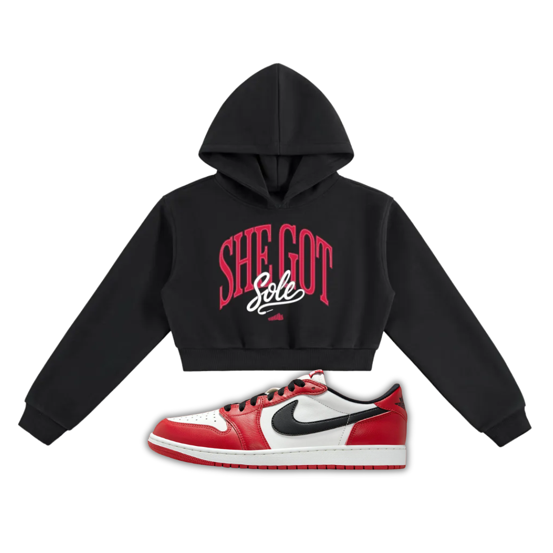 Black hoodie with red She Got Sole text and a Jordan 1 Chicago sneaker on a white background
