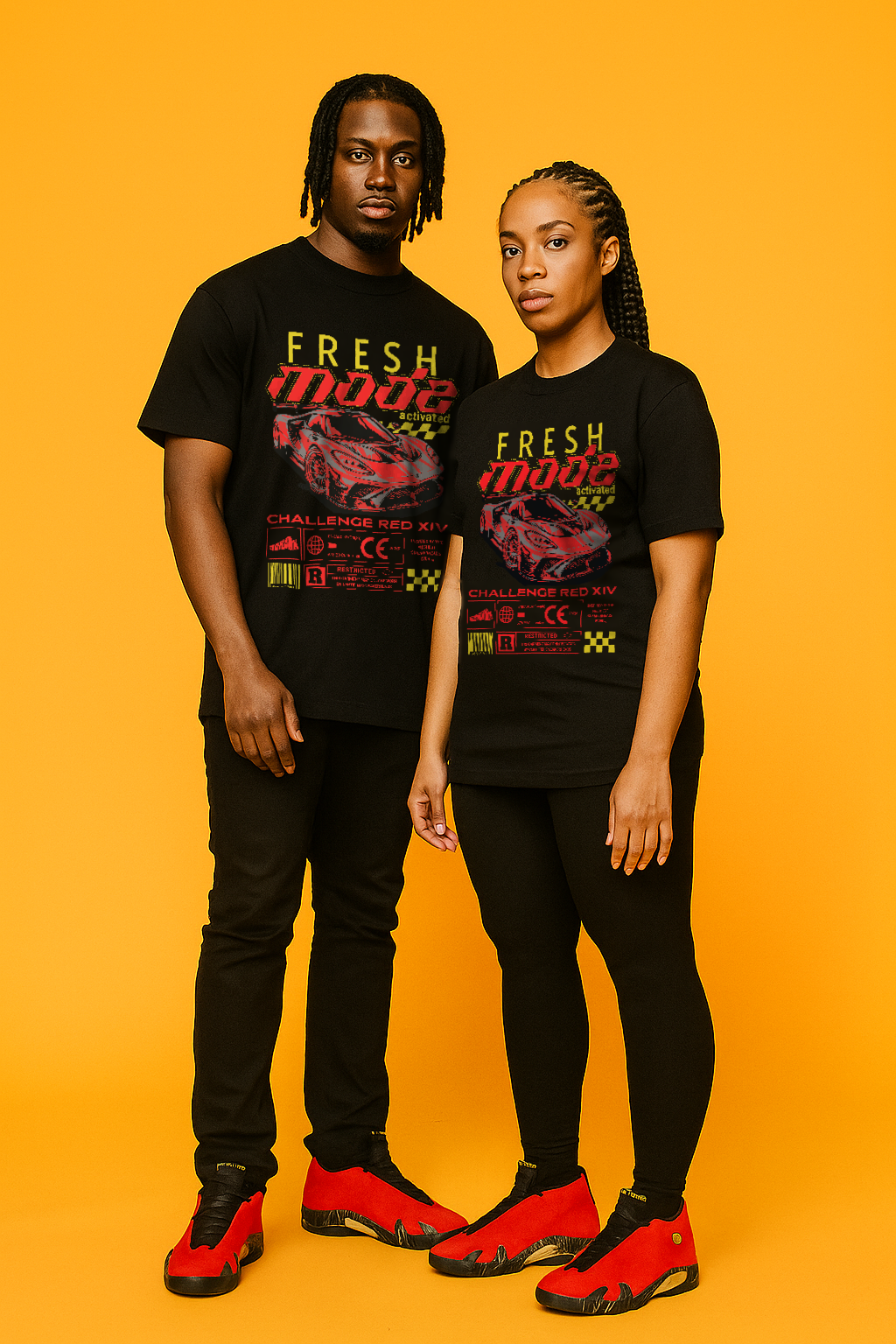 Couple wearing air jordan 14 matching t-shirt