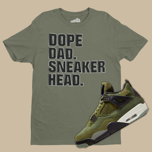 Air Jordan 4 Craft Medium Olive Matching T-Shirt from SNKADX with Dope Dad Sneakerhead on the front