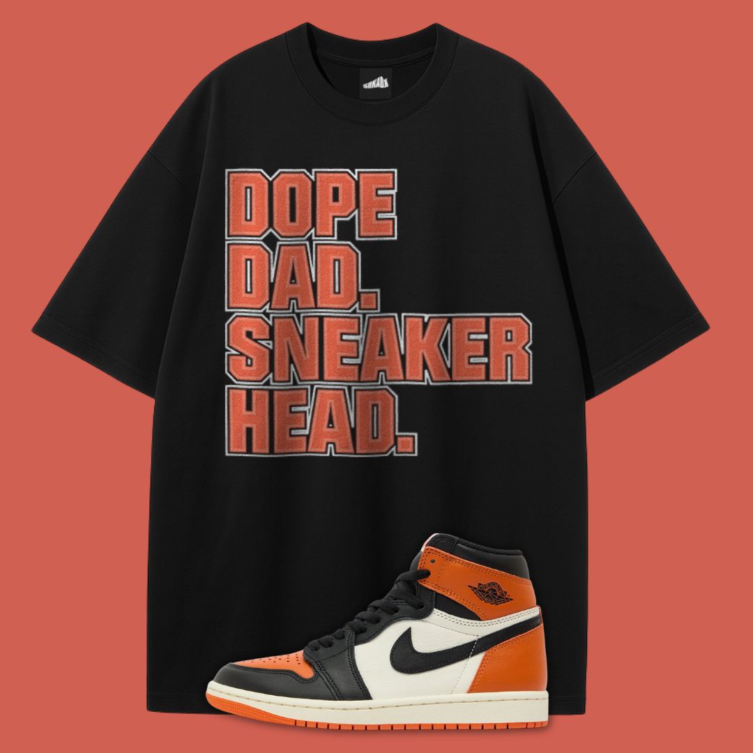 Black t-shirt with 'DOPE DAD. SNEAKER HEAD.' text and an Air Jordan 1 Shattered Backboard on a red background