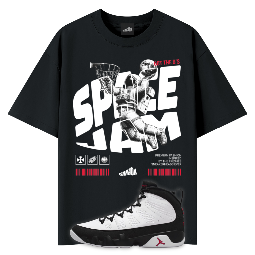 Fly Astronaut Tee in Black with Matching Air Jordan 9 Space Jam sneaker in the front