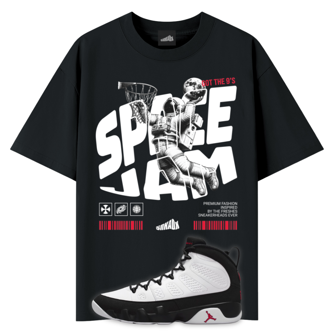 Fly Astronaut Tee in Black with Matching Air Jordan 9 Space Jam sneaker in the front