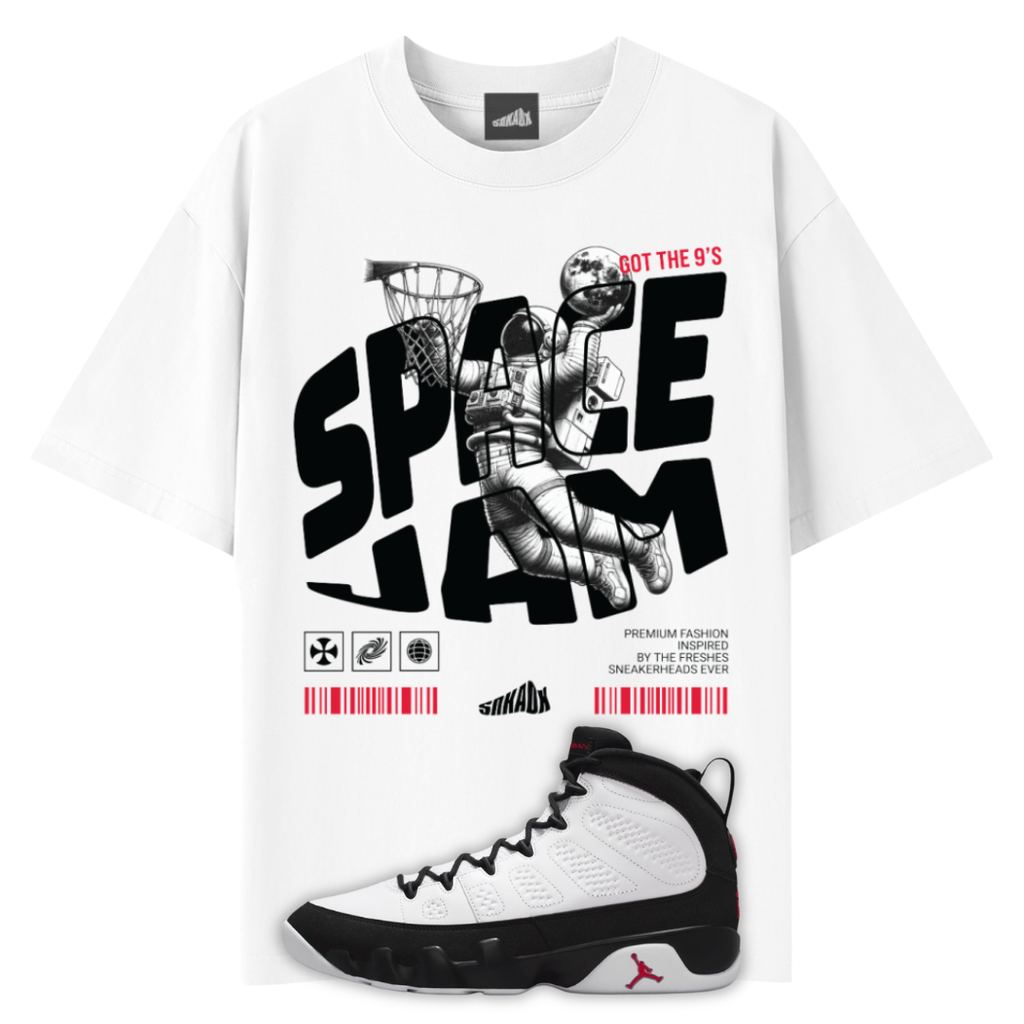 Fly Astronaut Tee in white with astronaut dunking a ball matching Air Jordan 9 Space Jam