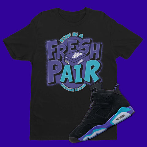 Fresh Pair Air Jordan 6 Aqua Matching black T-Shirt from SNKADX. Fresh Pair text and shoe box graphic on the front.