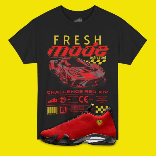 Fresh Mode black T-Shirt Matching Jordan 14 Ferrari featuring racing car on the front