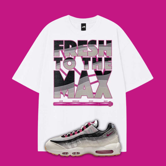 White t-shirt with 'Fresh to the Max' design and a Nike Air Max SB Cactus Flower on a pink background