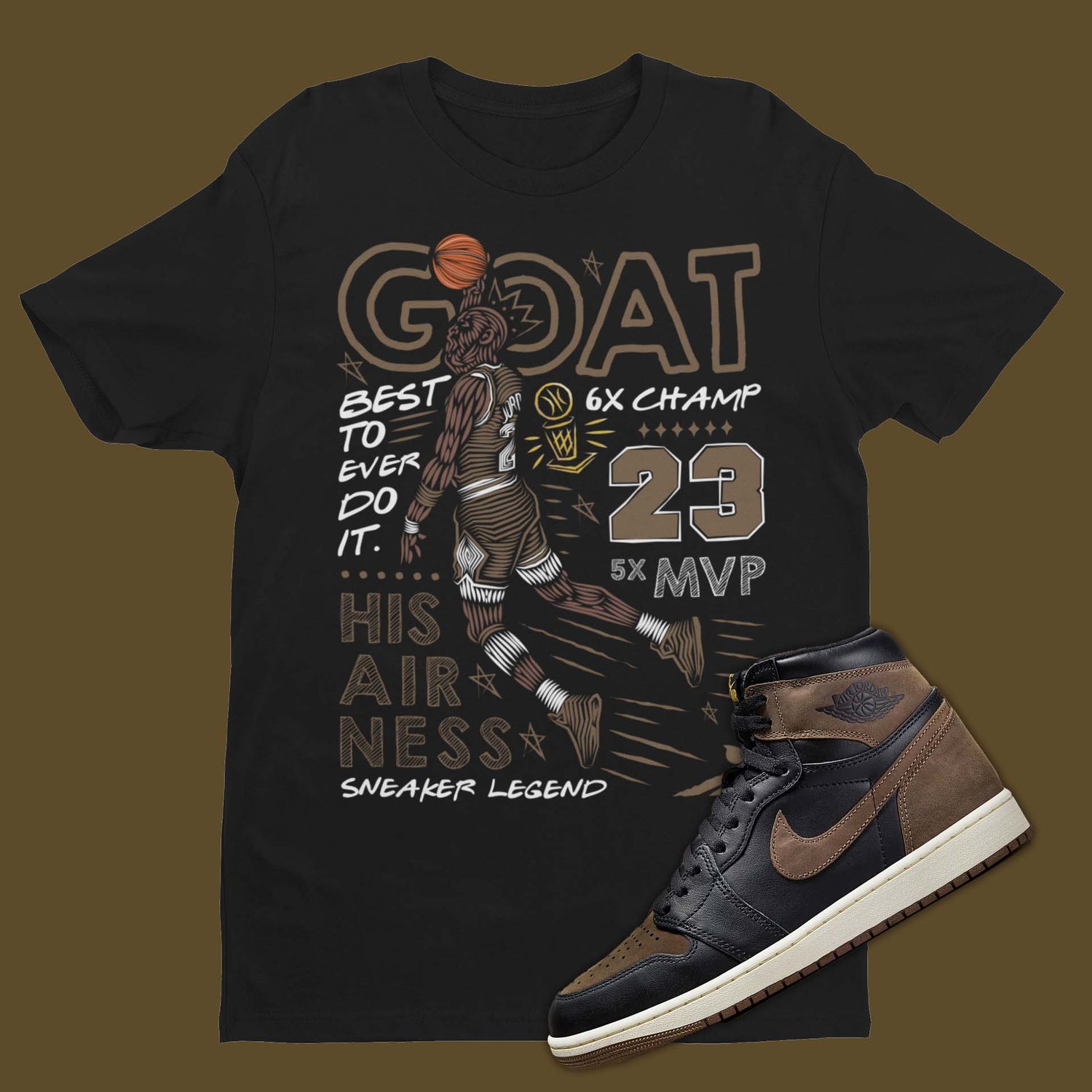Greatest Ever Air Jordan 1 Palomino Matching T-Shirt with Michael Jordan dunking from SNKADX.