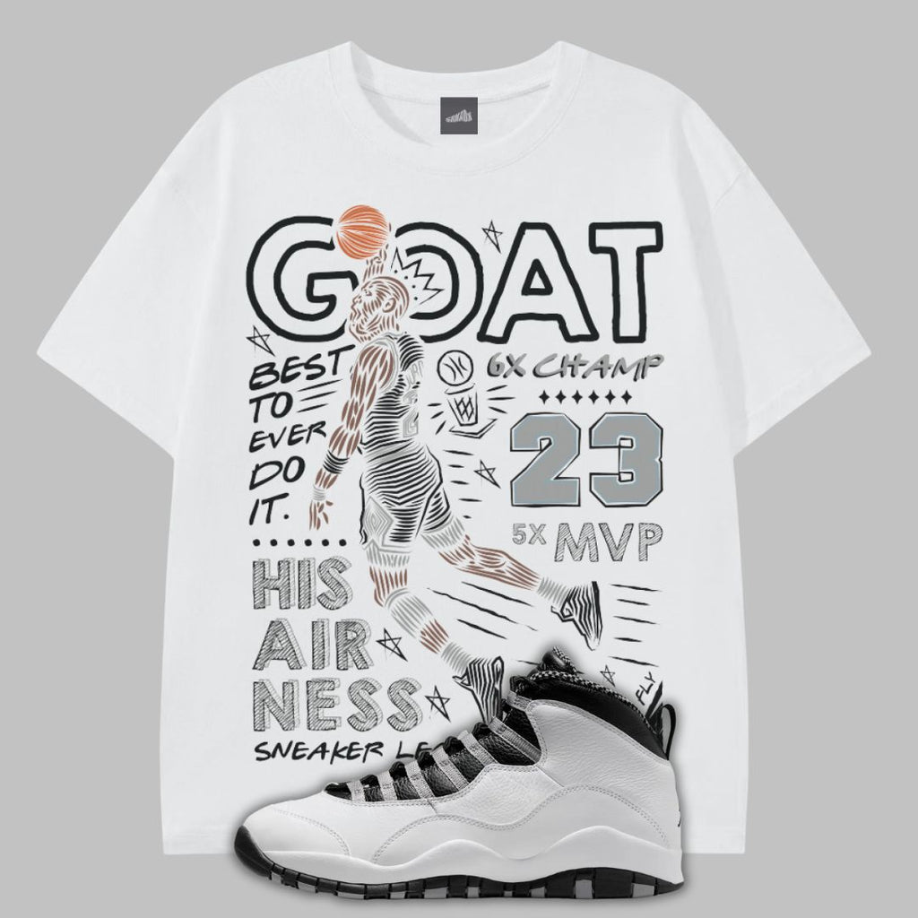 White t-shirt with Michael Jordan dunking graphic design featuring a sneaker and text on a gray background