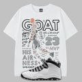 White t-shirt with Michael Jordan dunking graphic design featuring a sneaker and text on a gray background