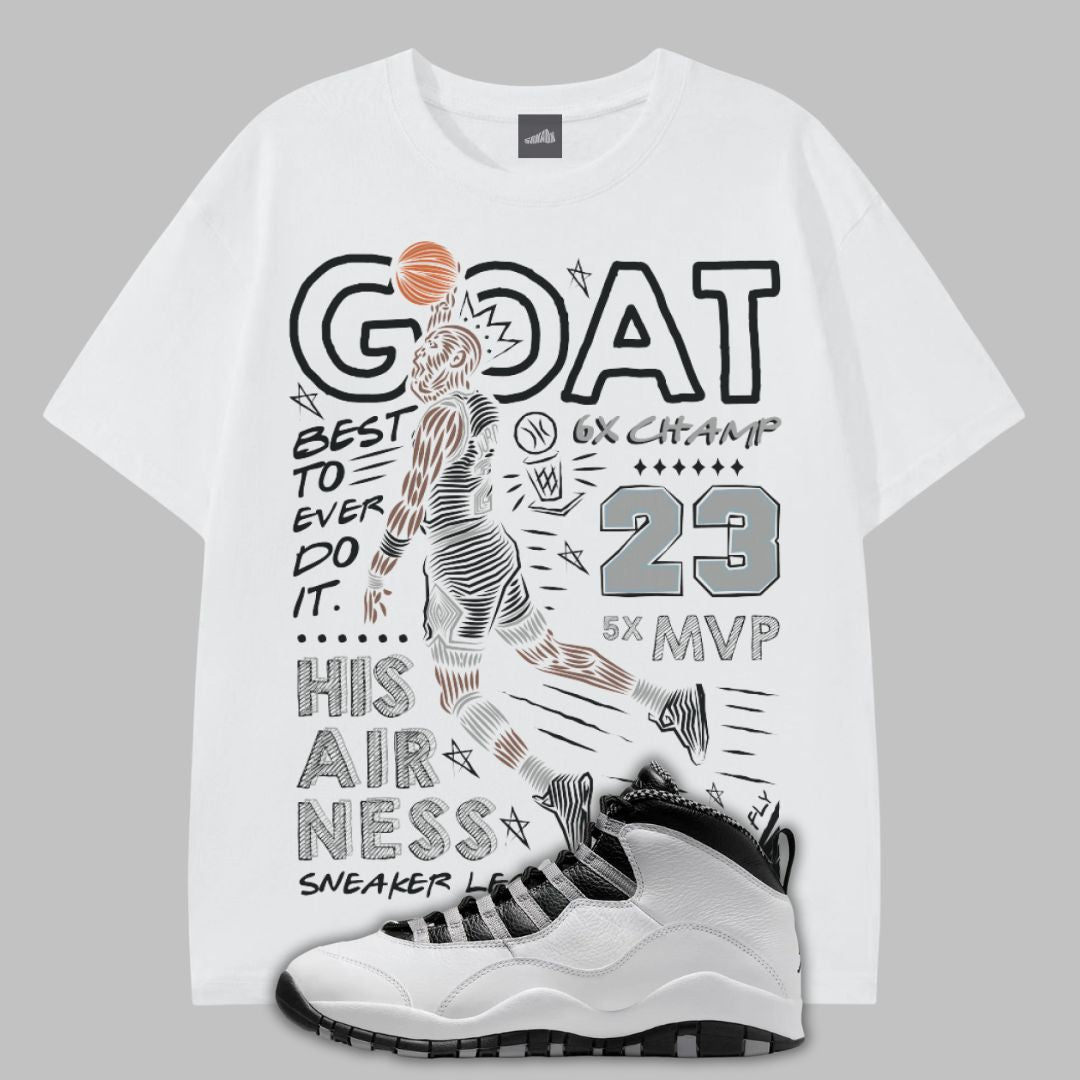 White t-shirt with Michael Jordan dunking graphic design featuring a sneaker and text on a gray background