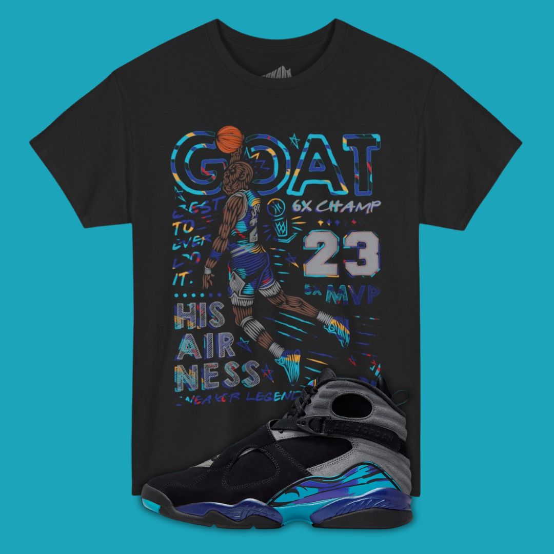 Black t-shirt with colorful graphic design featuring a basketball player and text on a blue background.