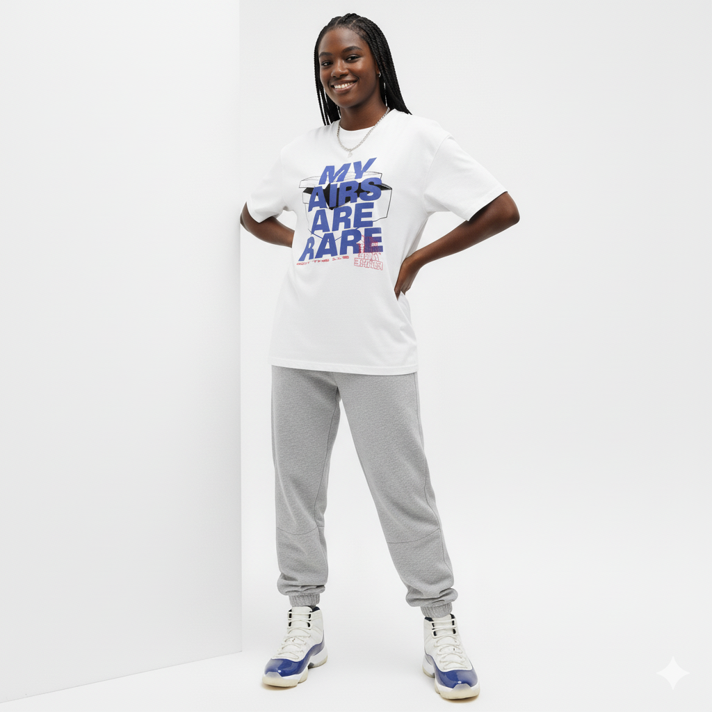 Woman wearing a white t-shirt with text matching Air Jordan 11 Rare Air and gray sweatpants on a white background