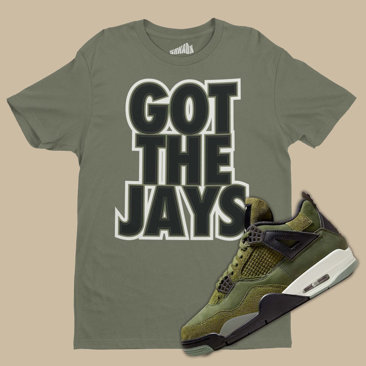 Got The Jays Air Jordan 4 Craft Medium Olive Matching T-Shirt from SNKADX.