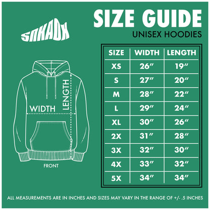 Illustrated size guide for adult unisex hoodie, providing measurements and a chart to determine the correct fit. Includes guidance on measuring shoulder width and torso length. Helpful tips for selecting the right size based on body type.