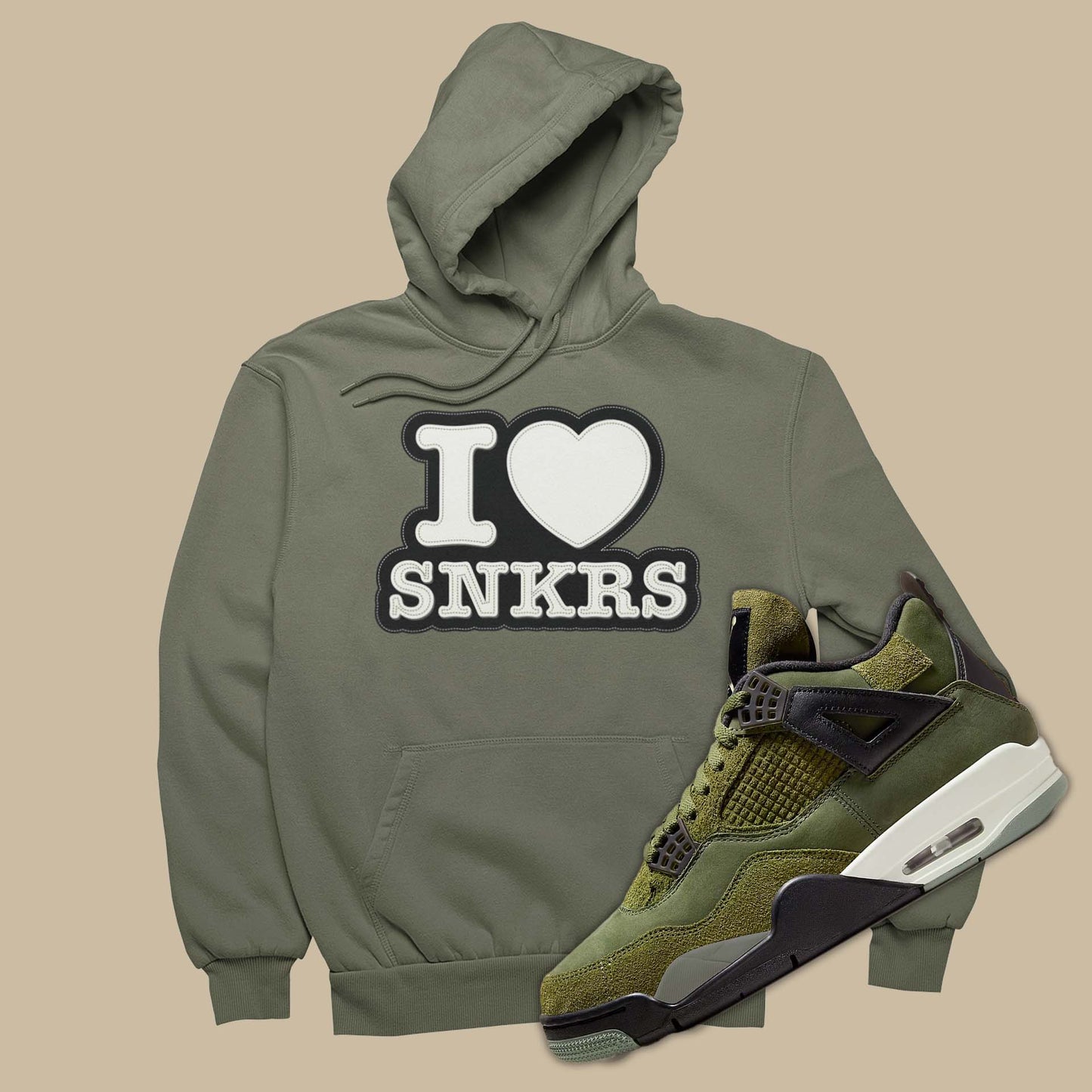 This sneaker match hoodie is the perfect sweatshirt to match your Air Jordan 4 Craft Medium Olive with I Love Sneakers graphic