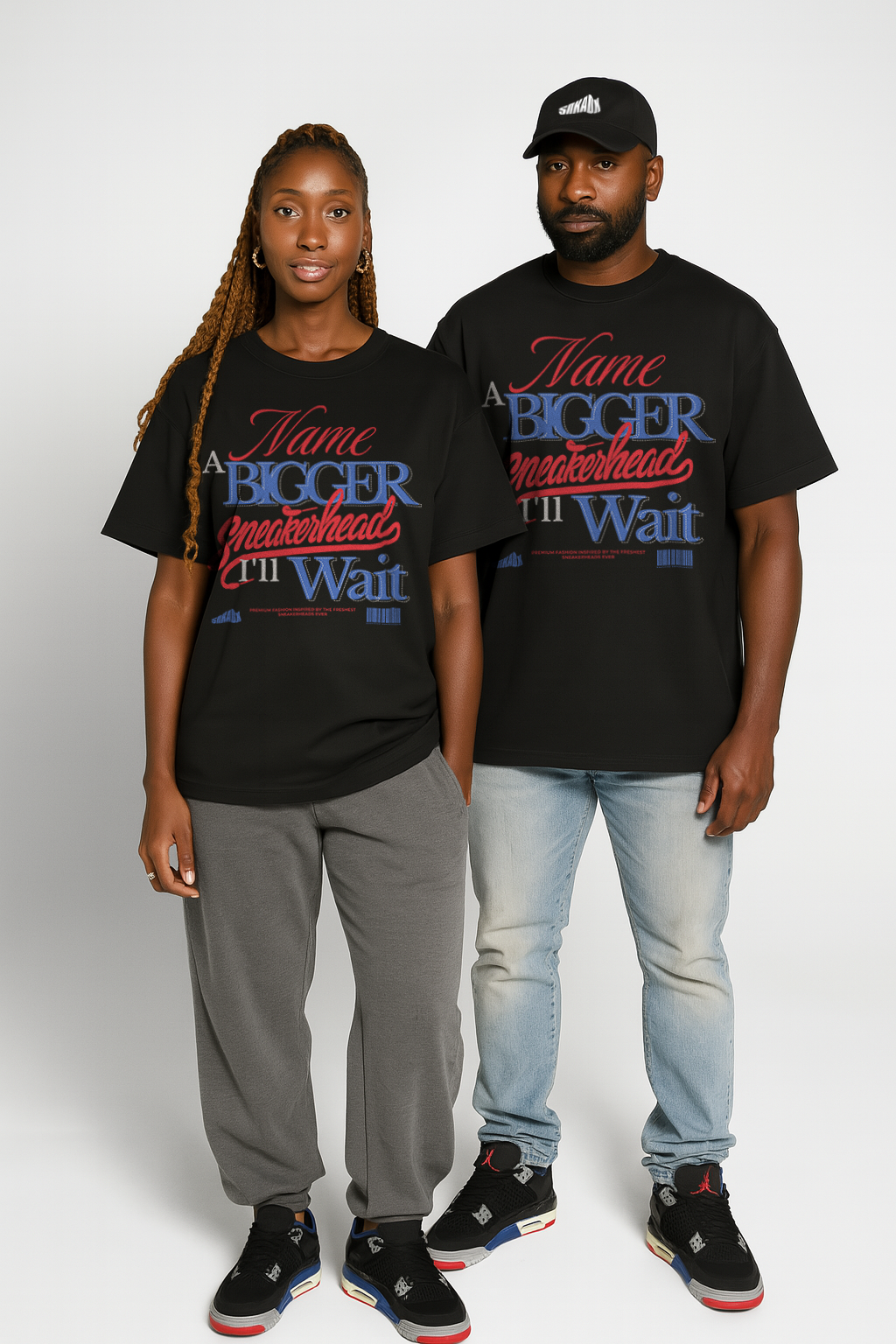Two people wearing matching black t-shirts to match Air Jordan 4 Rare Air with colorful text on a white background